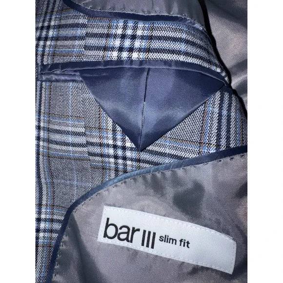 New w/ Tags Bar III Mens Slim Fit Plaid Stretch Blazer Suit Jacket Blue Grey 42L